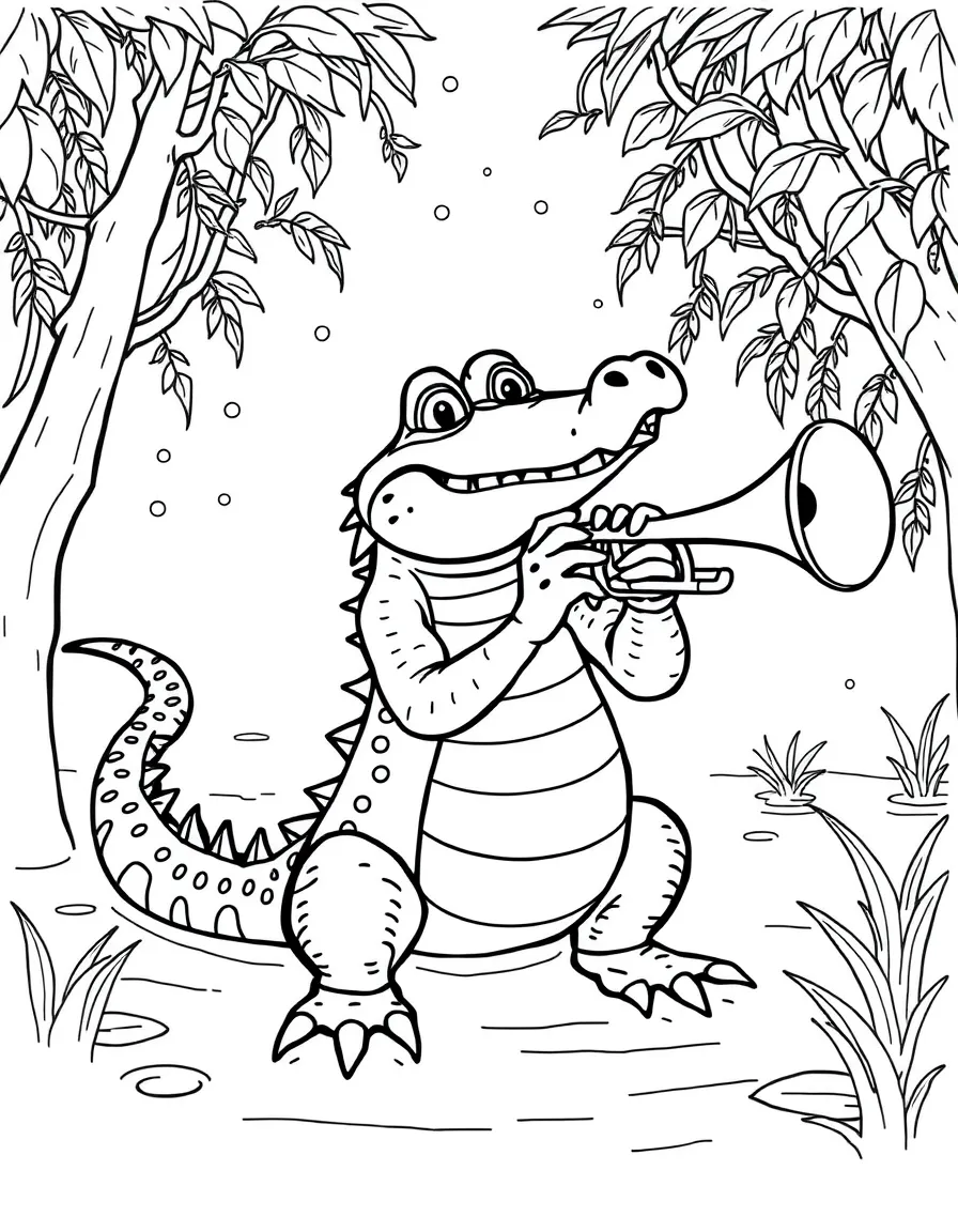 The Princess and the Frog's Louis the alligator playing jazz trumpet in the New Orleans bayou with fireflies