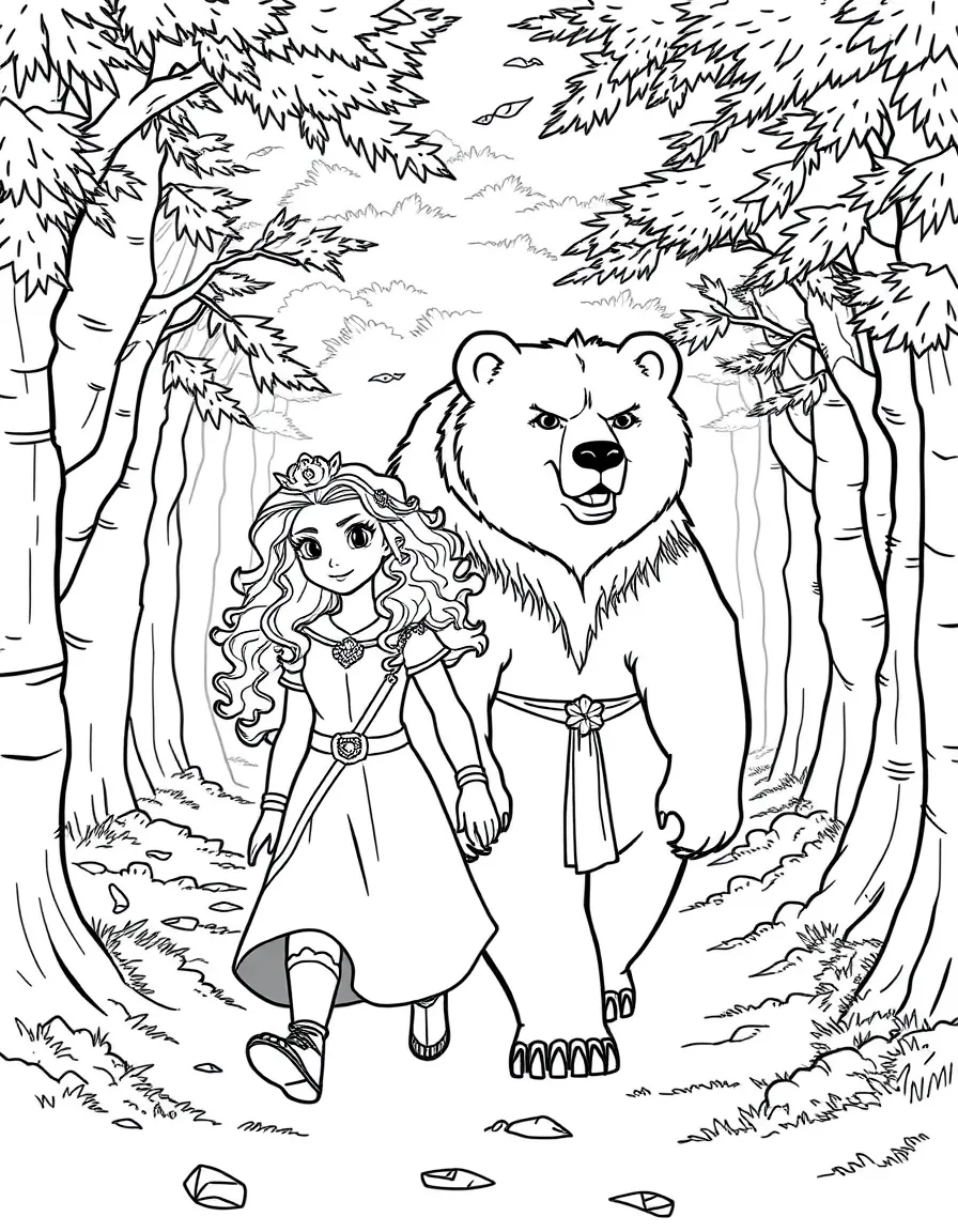 Brave's Merida and her mother Queen Elinor (as a bear) walking through the Scottish forest together