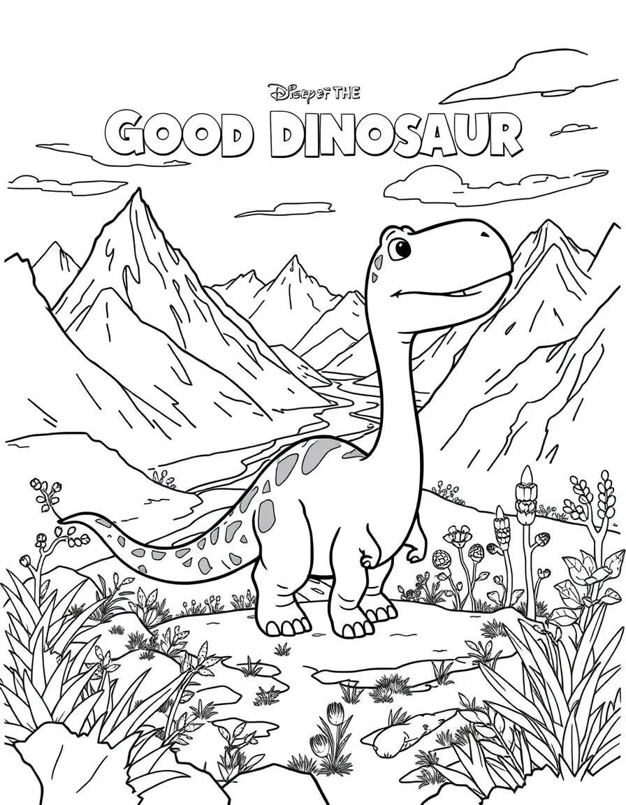 The Good Dinosaur's Arlo and Spot exploring the wilderness with mountains, rivers, and prehistoric plants