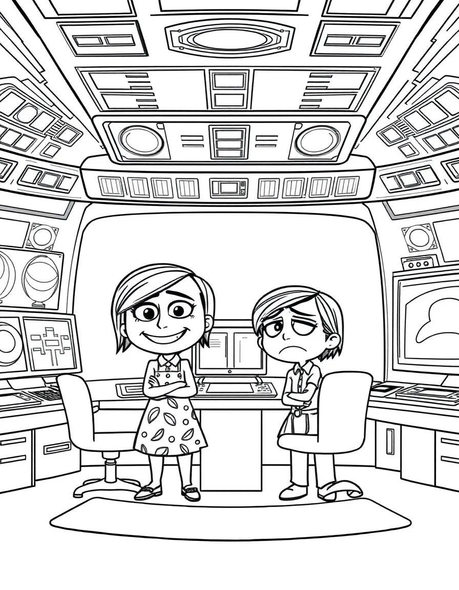 Inside Out's Joy, Sadness, and the other emotions working in Riley's mind headquarters with control panels