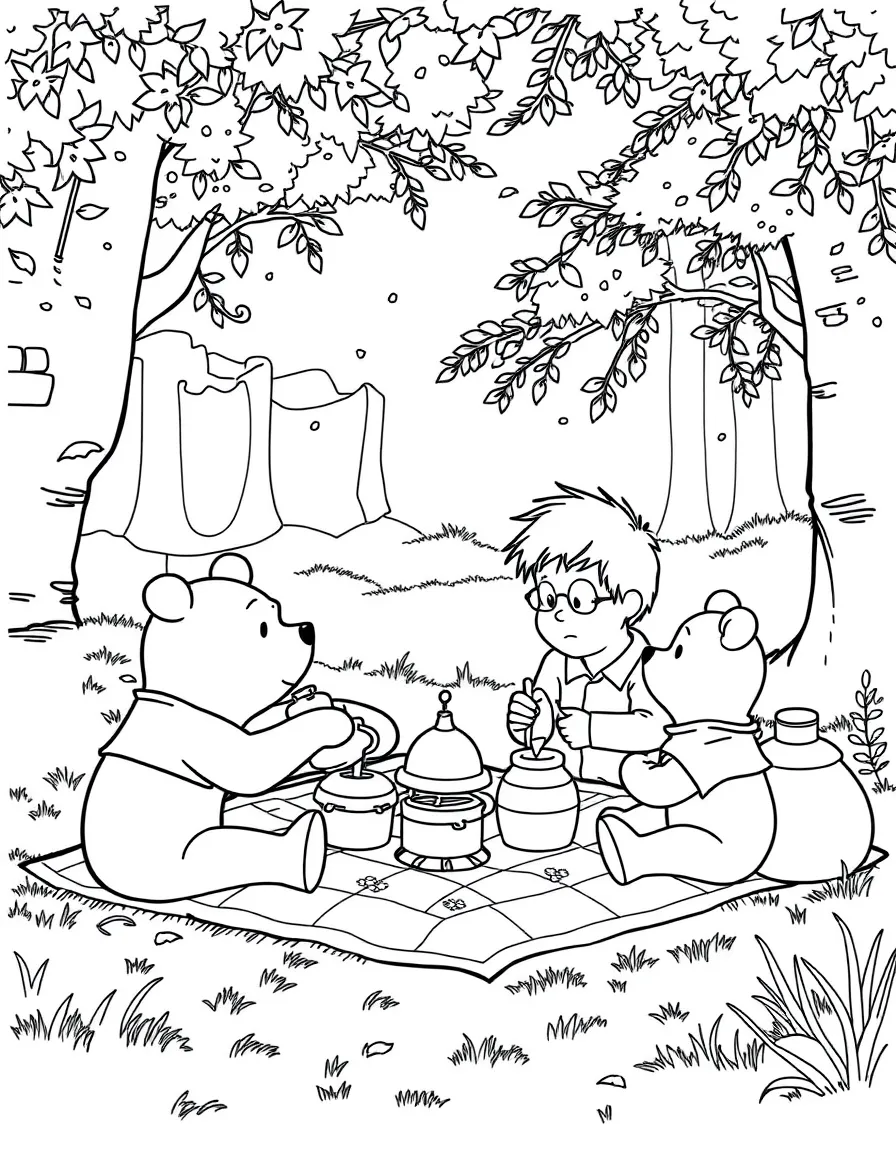 Christopher Robin having a picnic with Winnie the Pooh and friends in the Hundred Acre Wood with honey pots