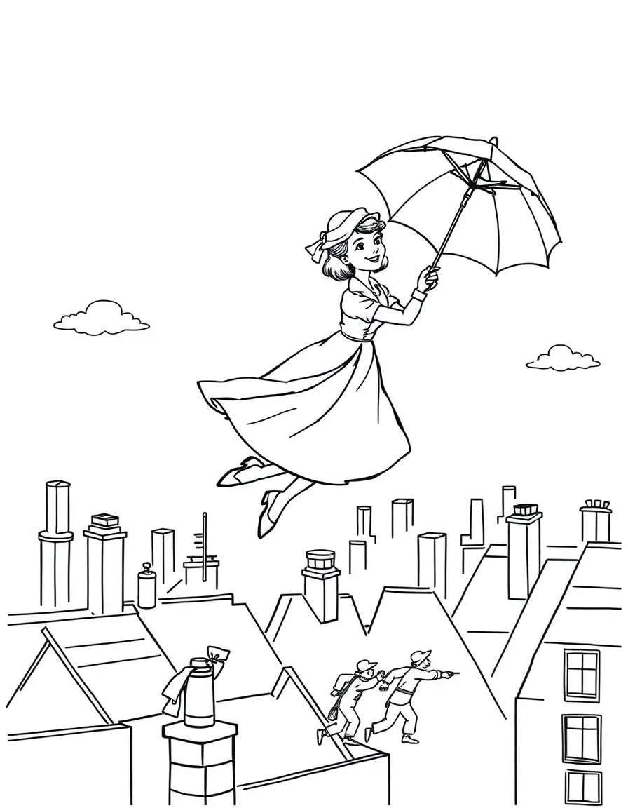 Mary Poppins flying with her umbrella over London rooftops with chimney sweeps dancing below