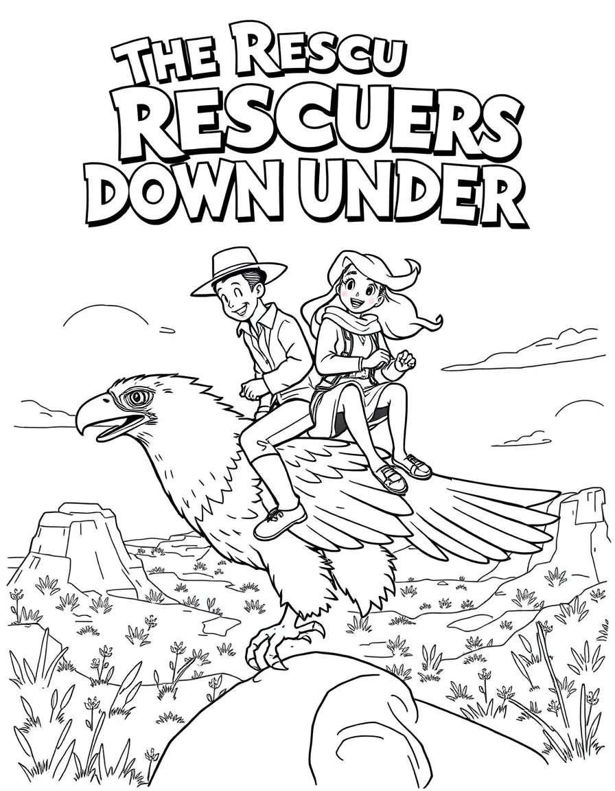 The Rescuers Down Under's Bernard and Bianca riding on Marahute the golden eagle over the Australian Outback