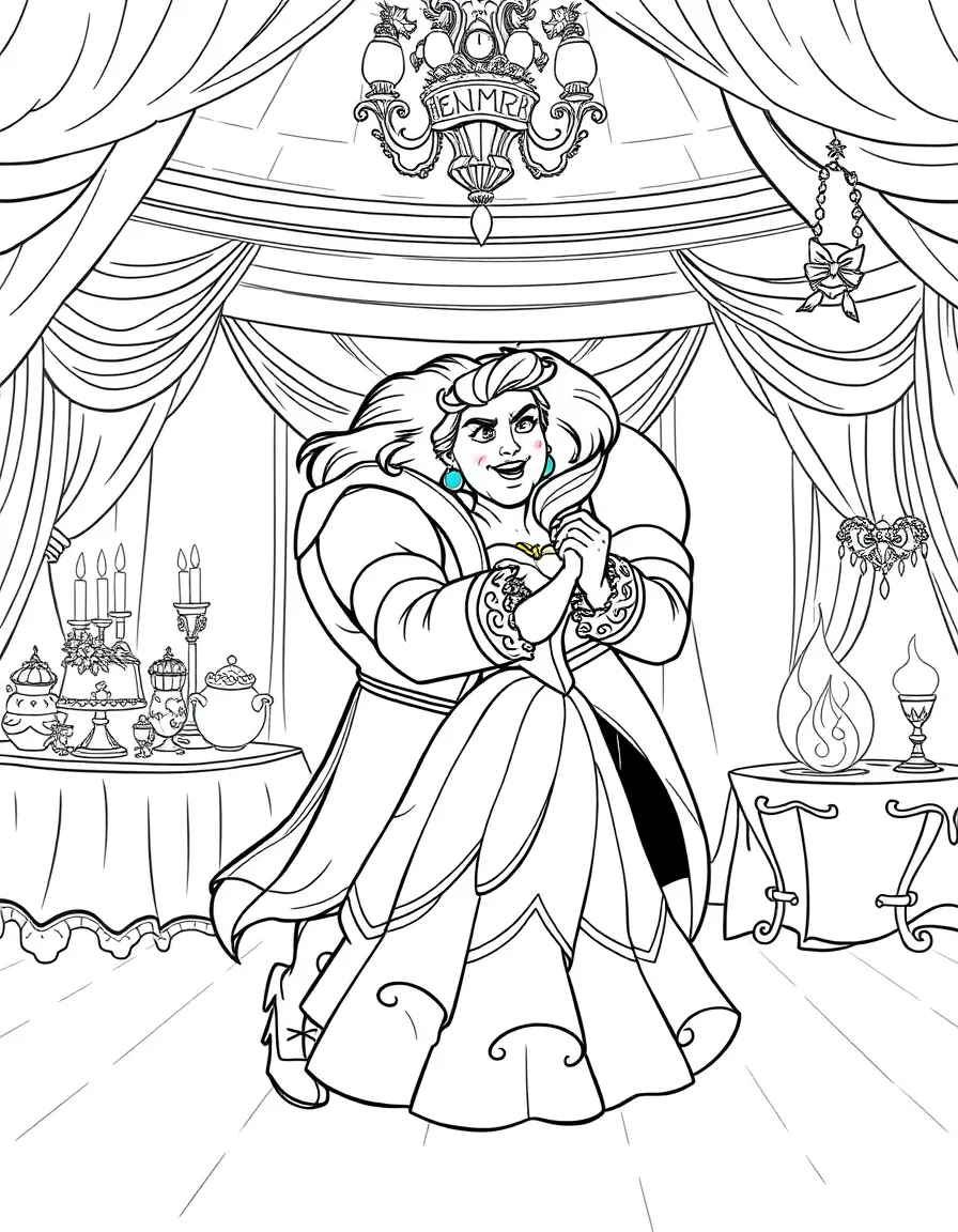 Beauty and the Beast's Belle and Beast dancing in the ballroom with enchanted objects watching romantically