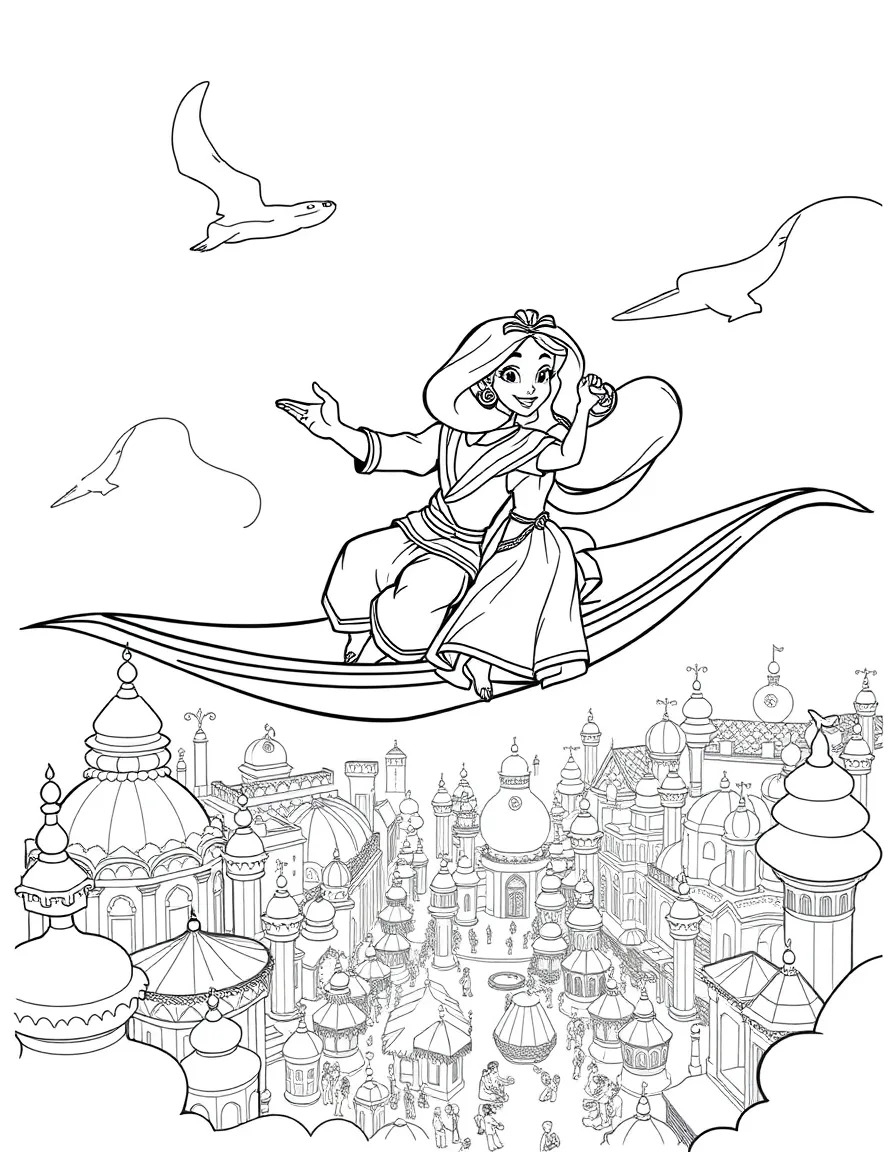 Aladdin and Jasmine on their magic carpet ride, soaring over the palace gardens and city markets below