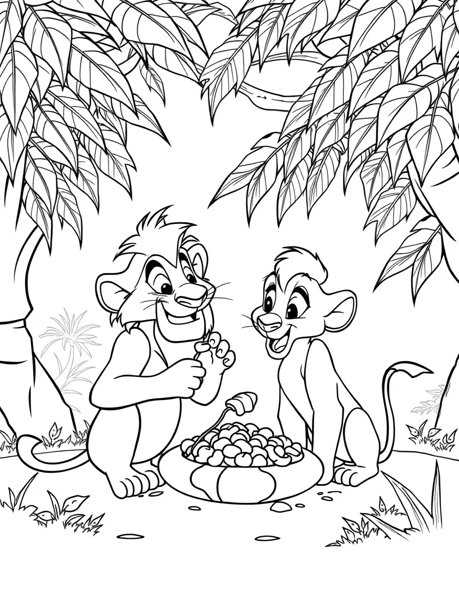 The Lion King's Timon and Pumbaa teaching Simba about grub-eating in their jungle paradise