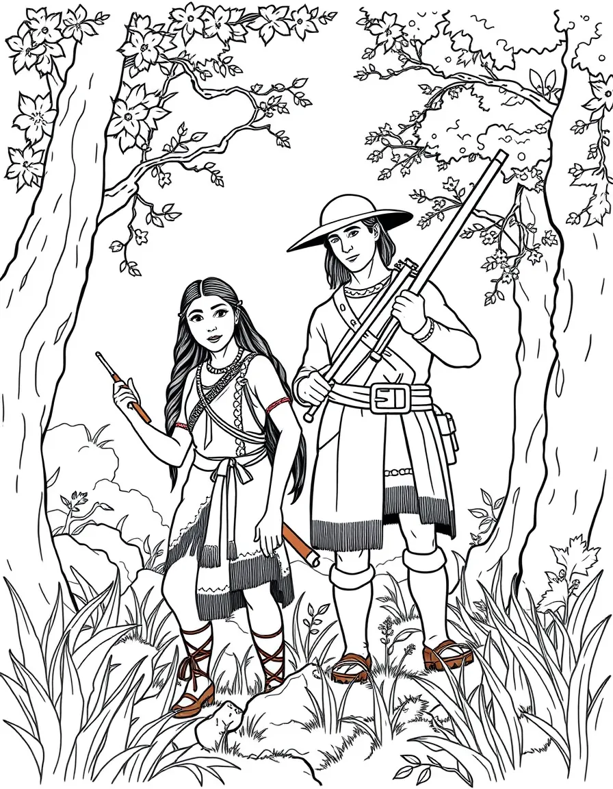 Pocahontas and John Smith exploring the Virginia wilderness with Grandmother Willow's wise presence