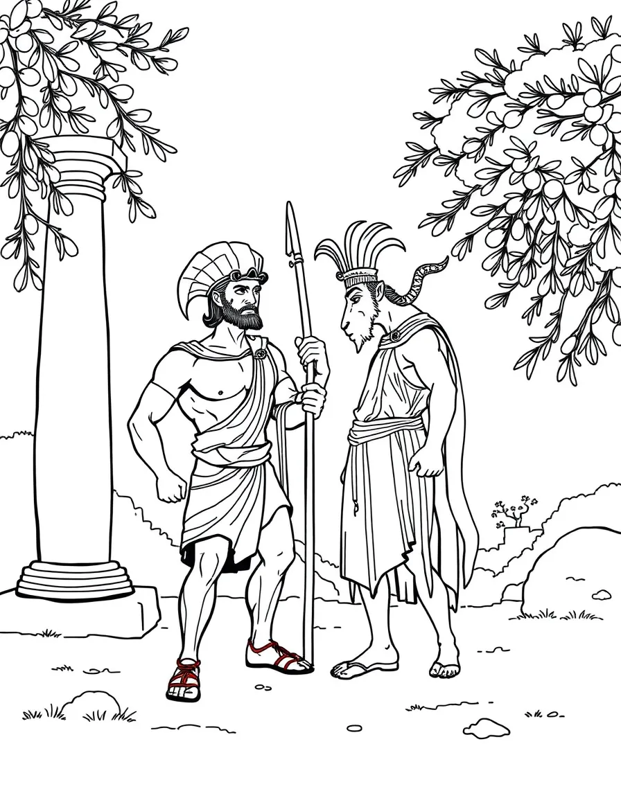 Hercules training with Phil the satyr in ancient Greece with Greek columns and olive trees