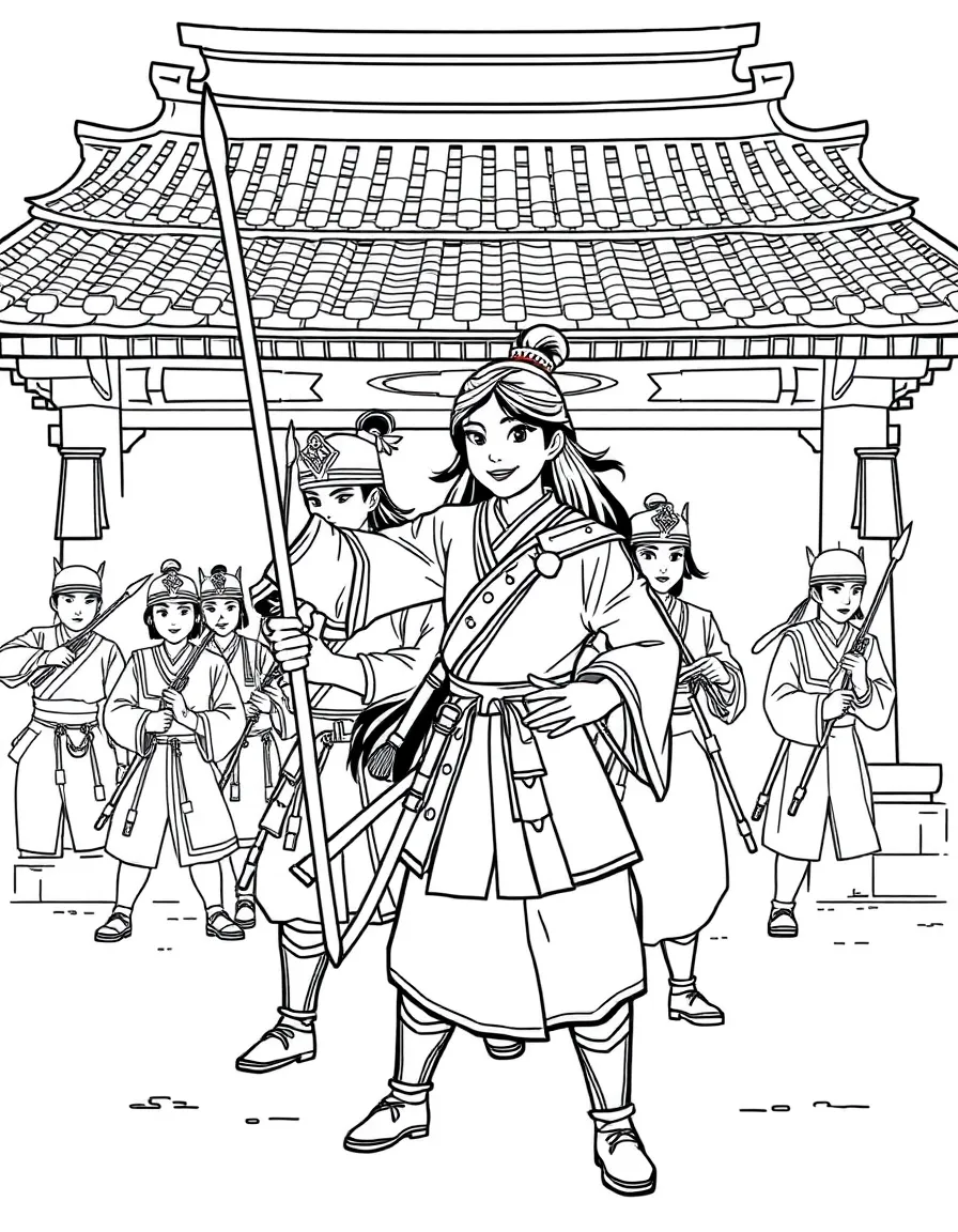 Mulan disguised as Ping training with the other soldiers in the imperial army camp