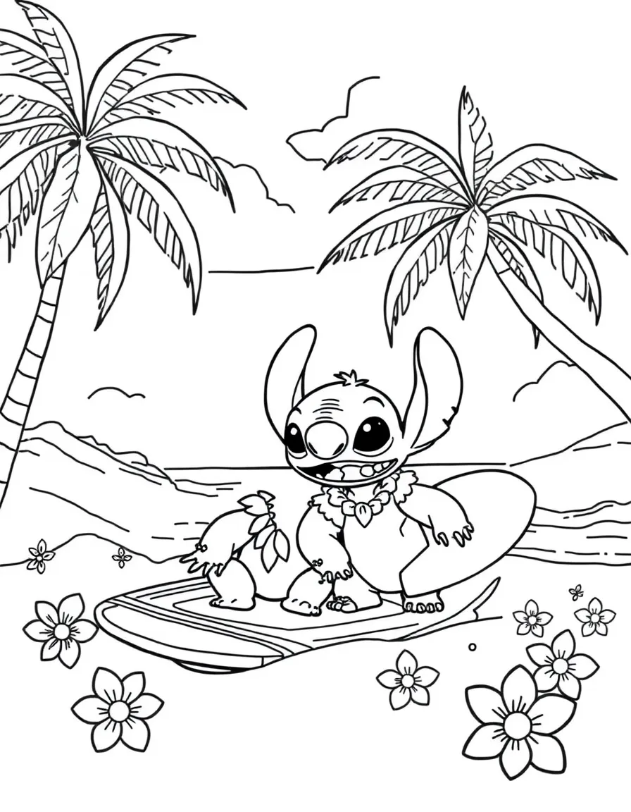 Lilo and Stitch playing on Hawaiian beaches with surfboards, palm trees, and tropical flowers