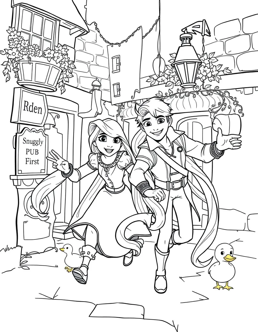 Tangled's Rapunzel and Flynn escaping from the pub thugs with the Snuggly Duckling gang
