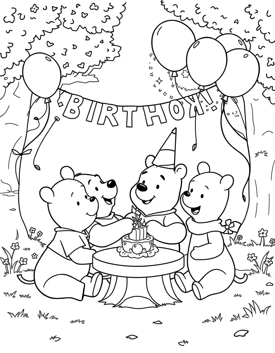 Winnie the Pooh and friends celebrating at a birthday party in the Hundred Acre Wood with balloons