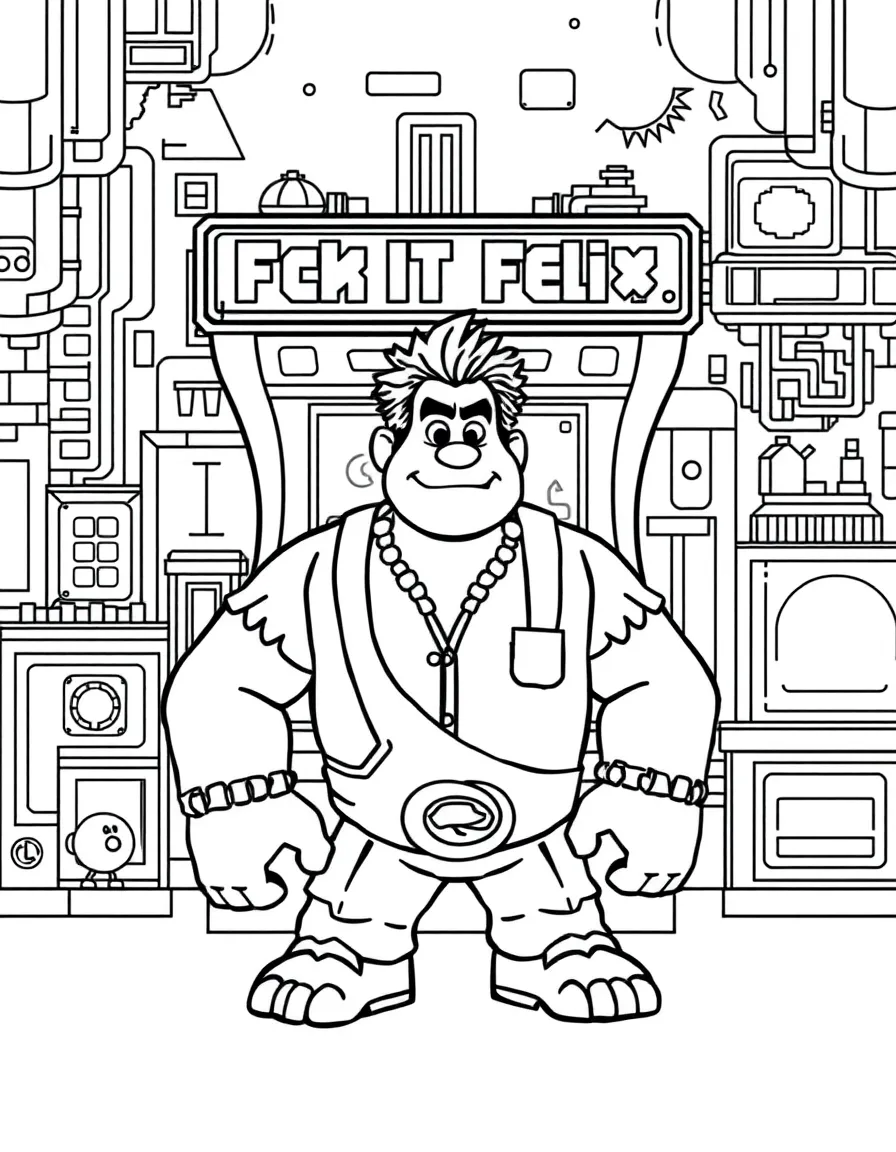 Wreck-It Ralph in his 8-bit arcade game world Fix-It Felix Jr. with pixelated buildings and characters