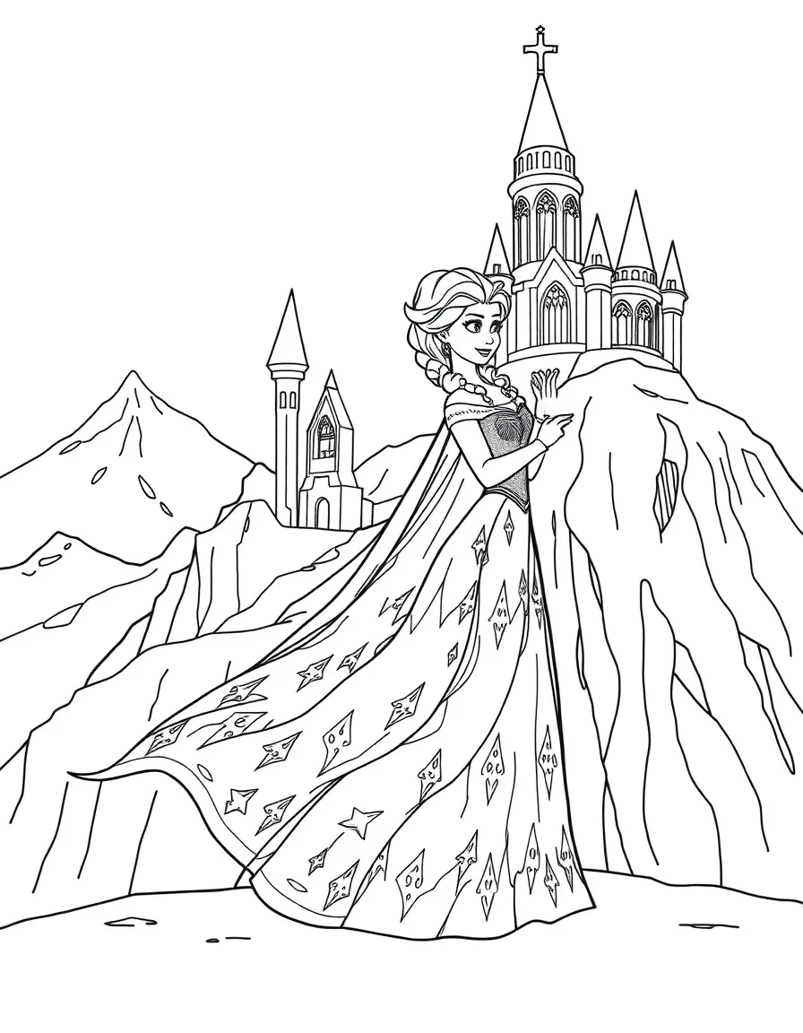 Frozen's Elsa building her ice palace on the North Mountain with her dress transforming magically