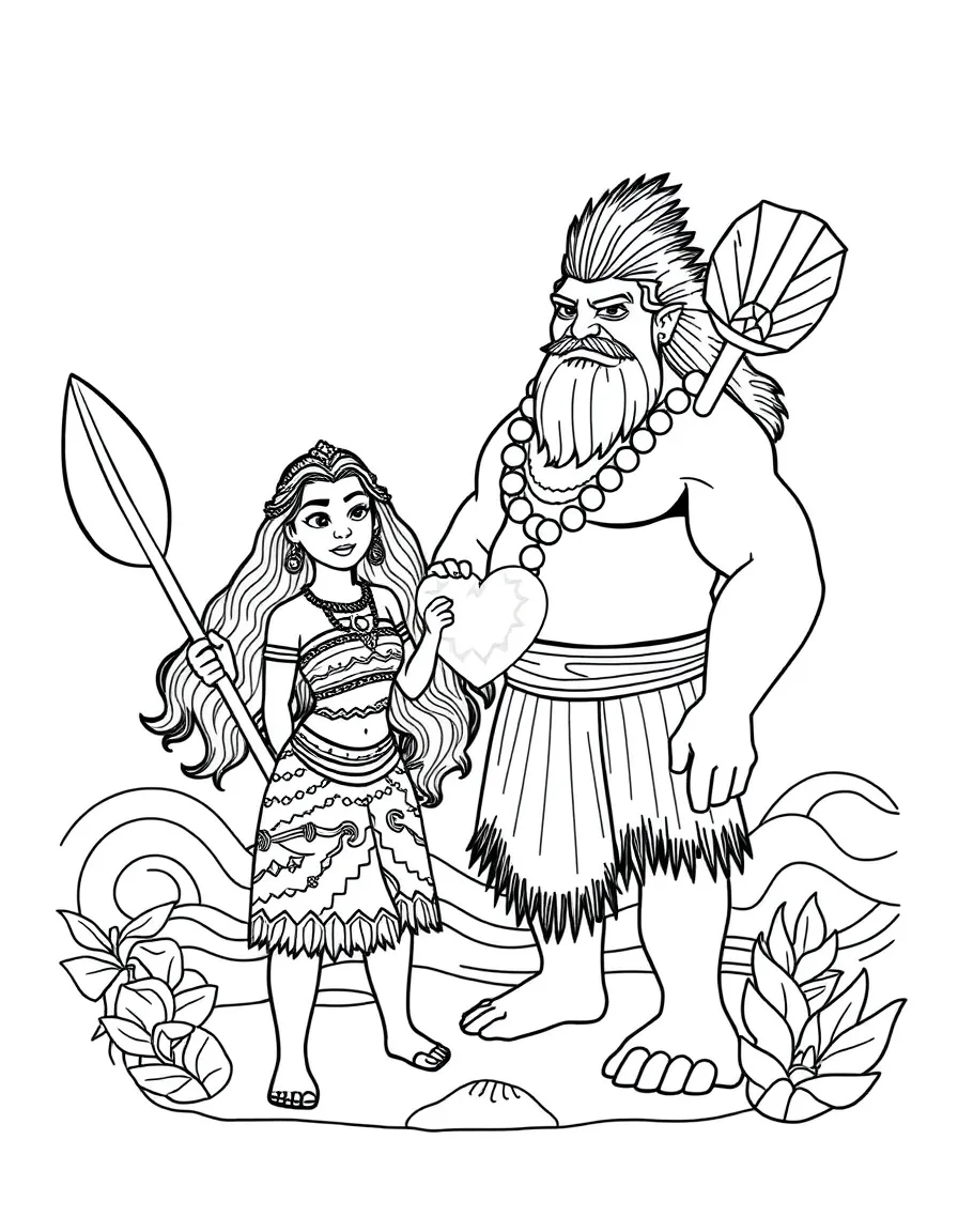 Moana and Maui working together to restore Te Fiti's heart with ocean magic and island spirits