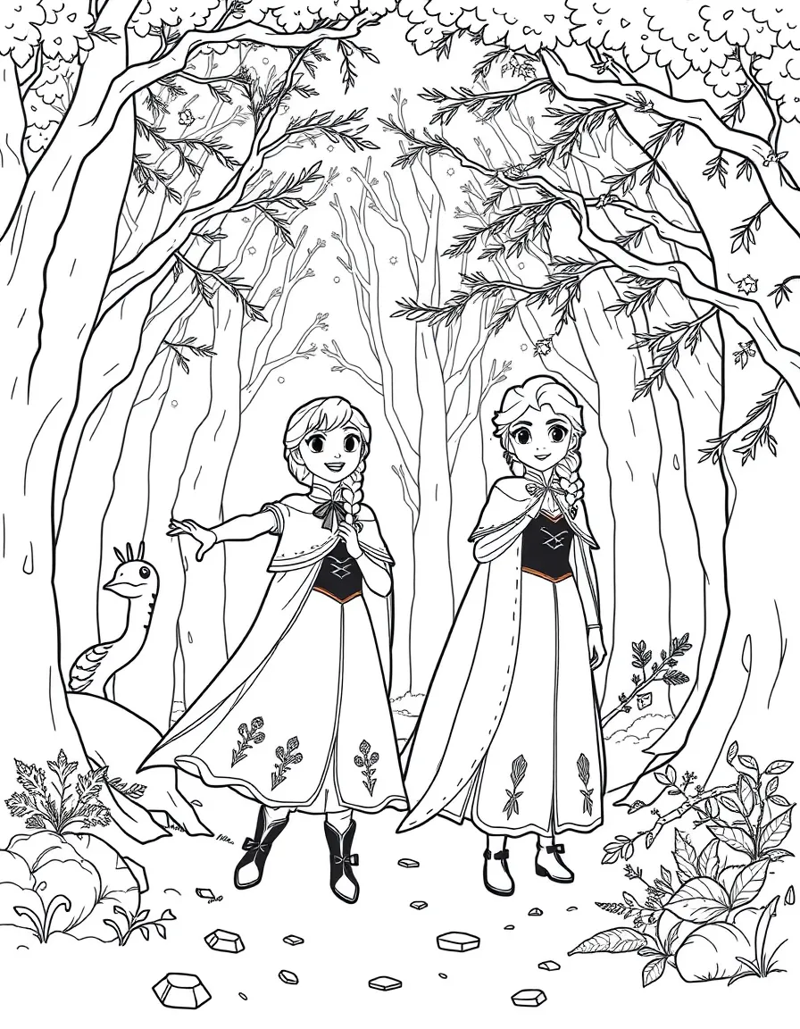 Frozen II's Anna and Elsa discovering the enchanted forest with the elemental spirits of nature