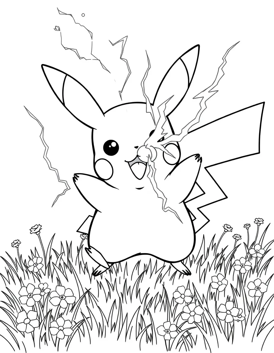 Pikachu using Thunderbolt attack with lightning bolts crackling around him in a grassy meadow with flowers