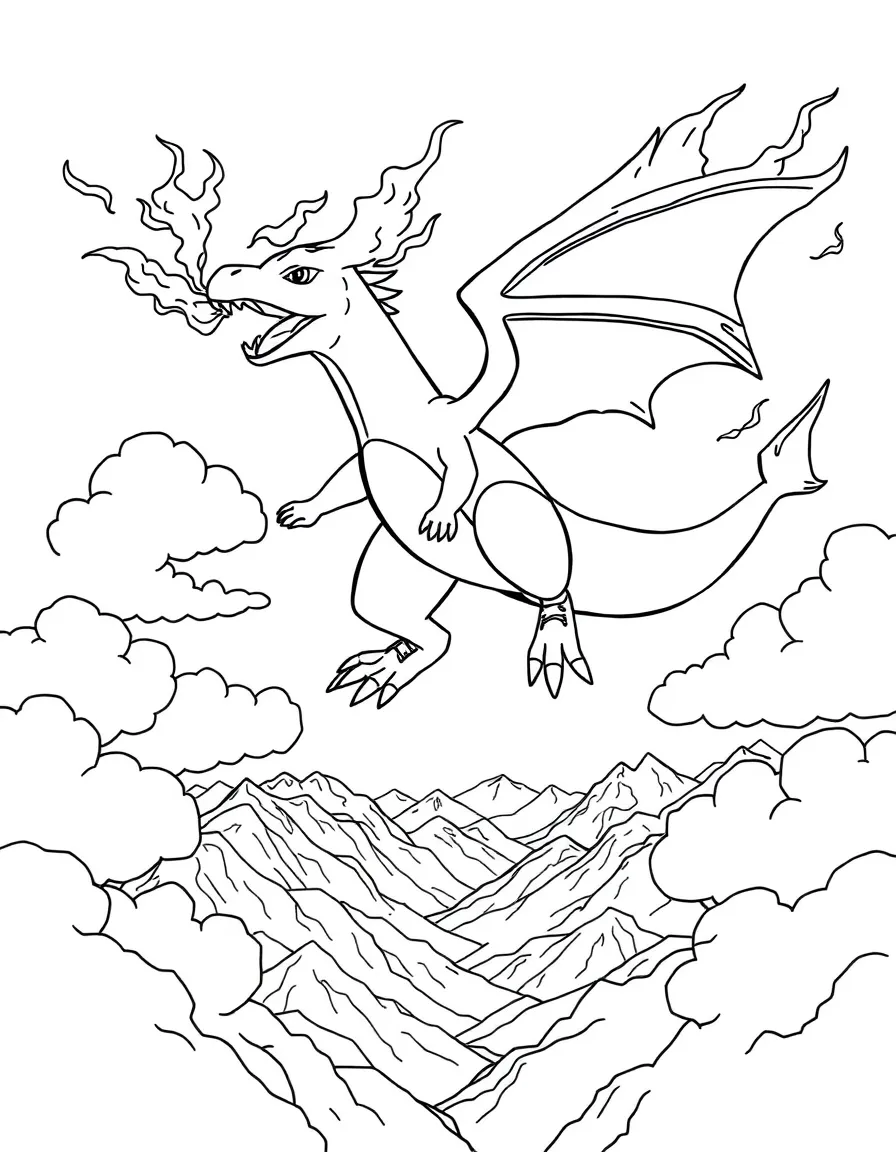 Charizard flying through clouds breathing fire, with mountains and valleys spread out far below