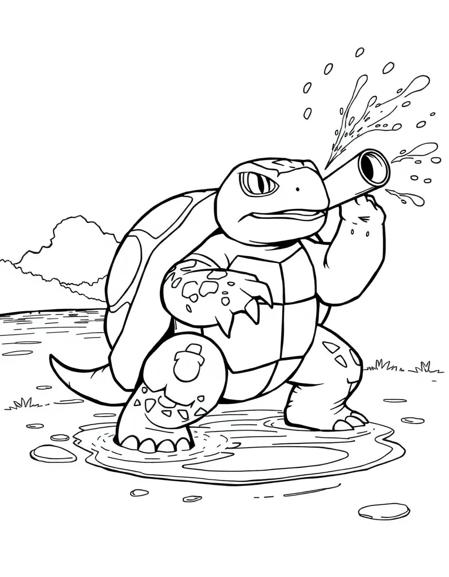 Blastoise using Hydro Pump attack near a lake, with water streams shooting from his shell cannons