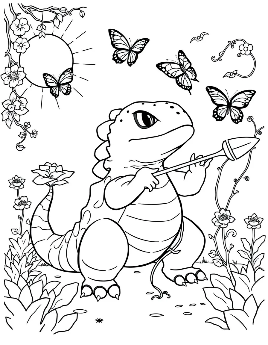 Venusaur in a sunny garden using Vine Whip, with its flower blooming and vines reaching toward butterflies