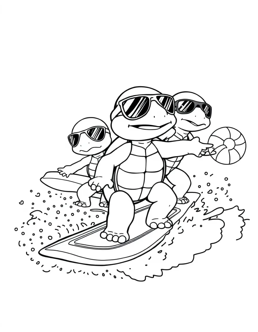 Squirtle and his squad wearing sunglasses, surfing on ocean waves with surfboards and beach balls