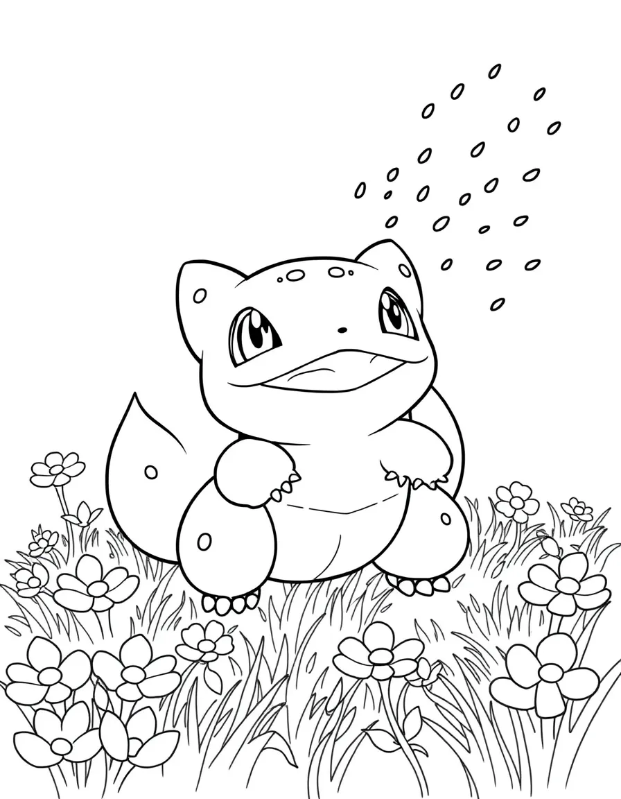 Bulbasaur playing in a field of flowers, using Leech Seed with small seeds floating through the air
