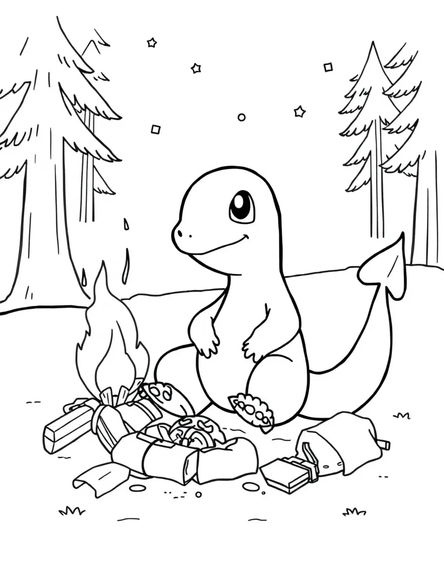 Charmander sitting by a campfire, with its tail flame flickering and camping gear scattered around