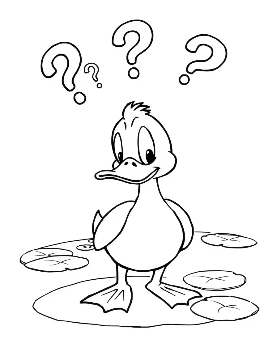 Psyduck standing by a pond looking confused, with question marks floating above his head and lily pads