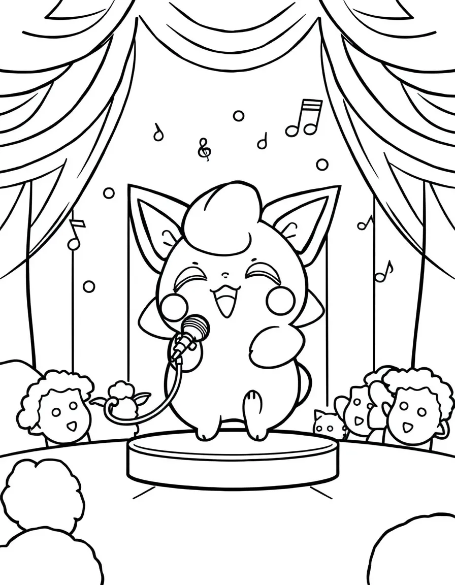 Jigglypuff singing on a stage with a microphone, putting everyone in the audience to sleep with musical notes