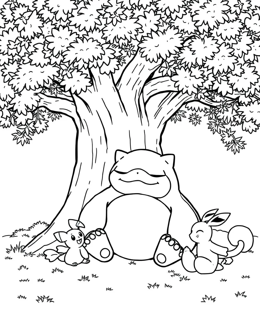 Snorlax taking a nap under a large tree, with Pokémon friends playing quietly around his sleeping form