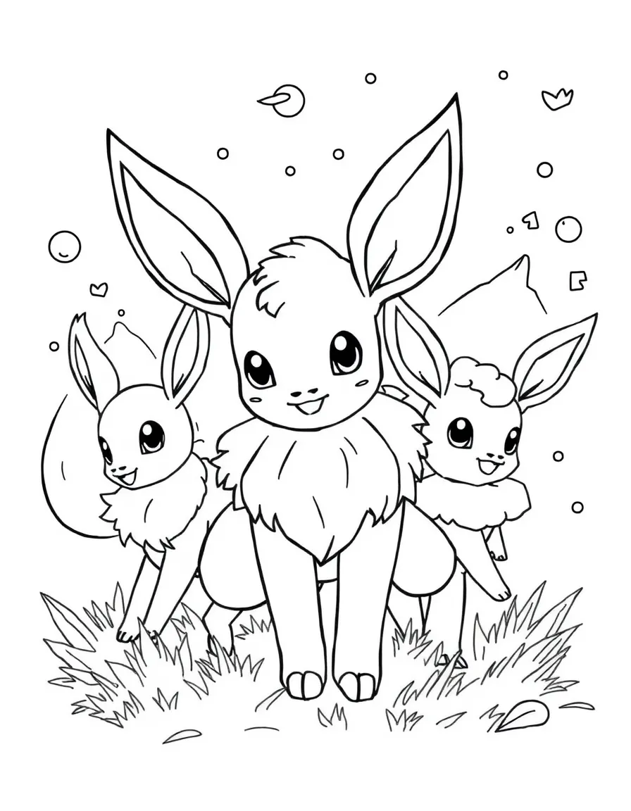 Eevee and all its evolutions (Eeveelutions) playing together in different elemental environments
