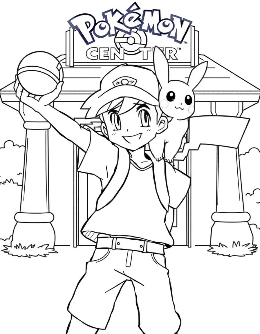 Ash Ketchum throwing a Pokéball with Pikachu on his shoulder, in front of a Pokémon Center building