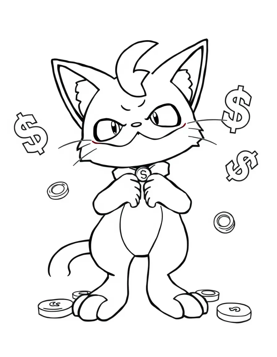 Team Rocket's Meowth standing upright and scheming with coins and dollar signs floating around him