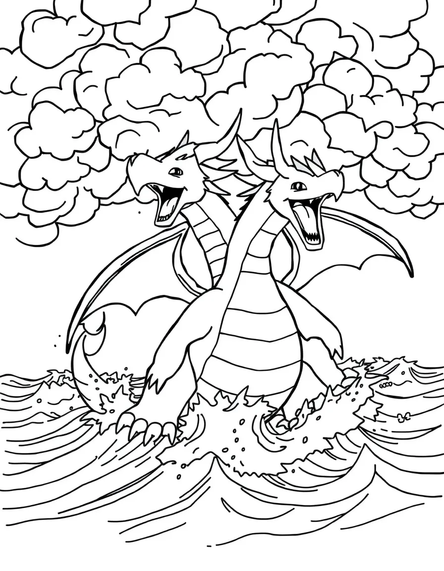 Gyarados emerging from a stormy ocean with waves crashing and dark clouds gathering overhead