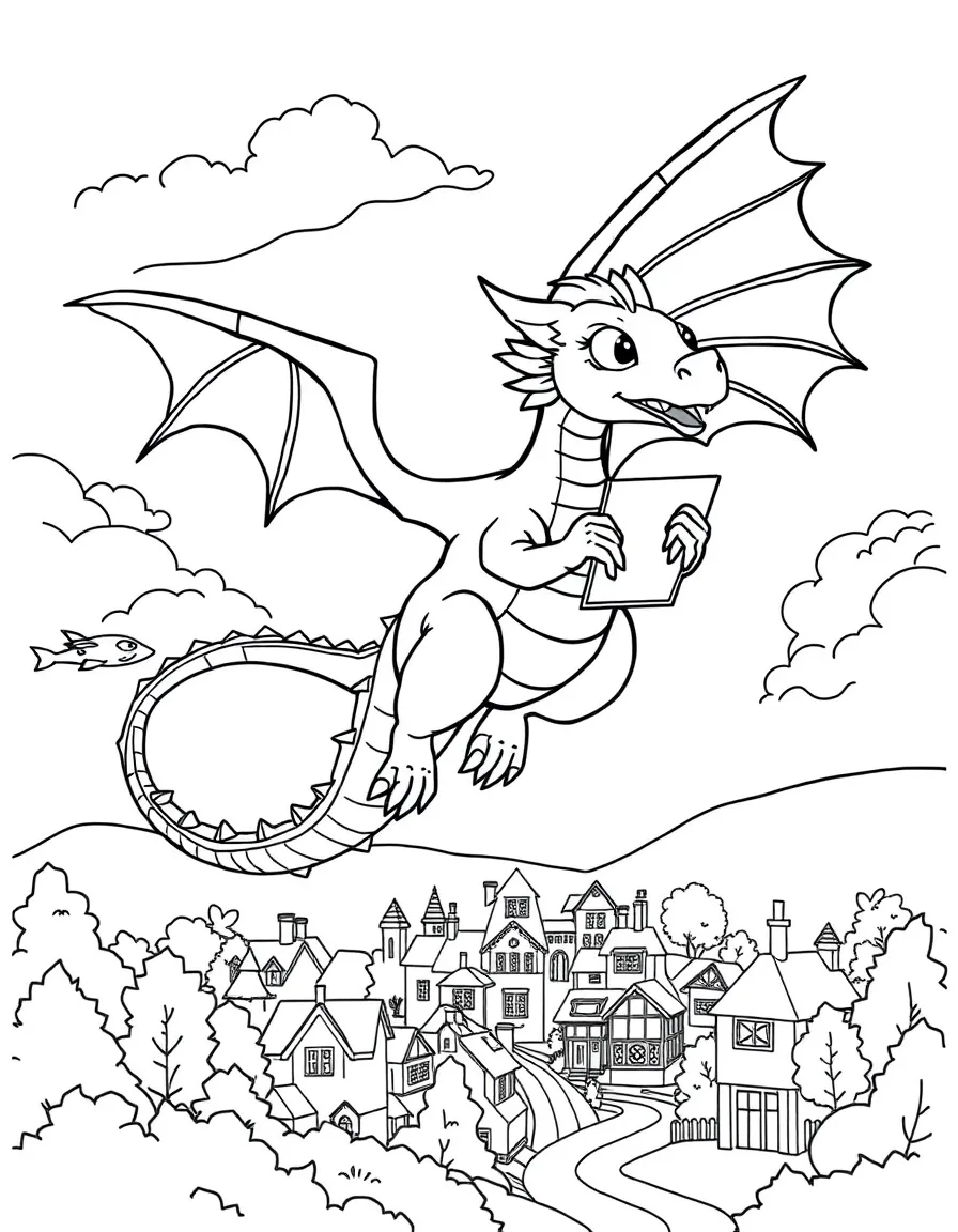Dragonite delivering mail and packages, flying over a peaceful town with letters trailing behind