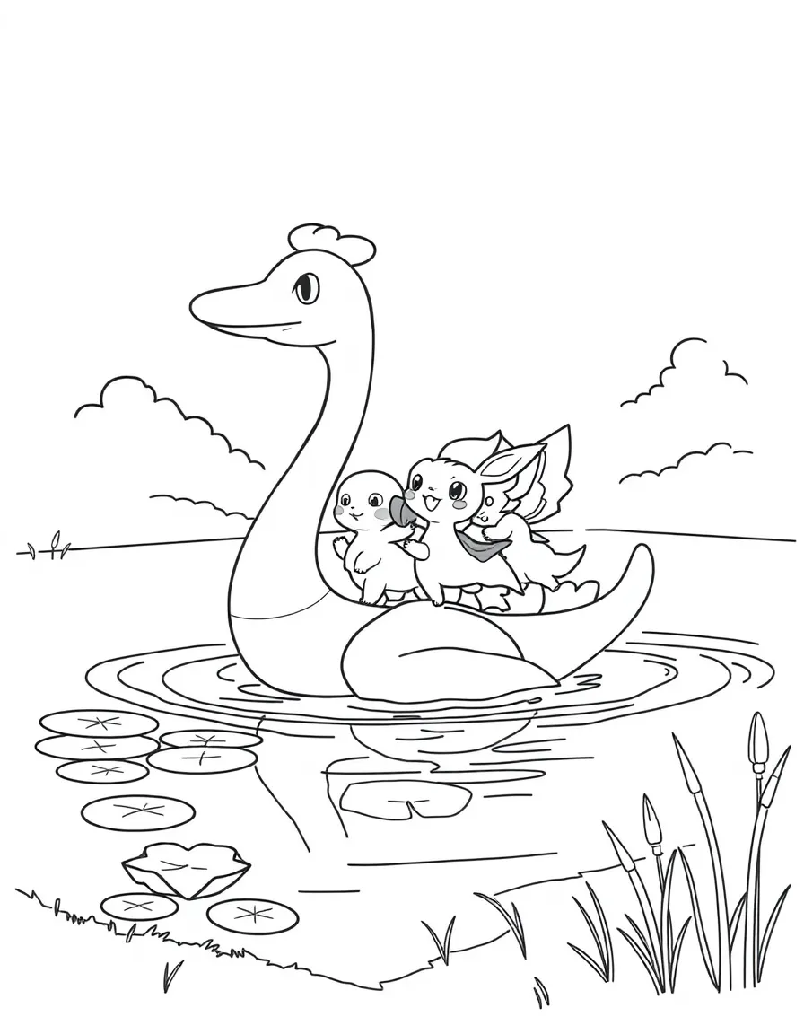 Lapras giving rides to young Pokémon across a calm lake, with lily pads and cattails along the shore