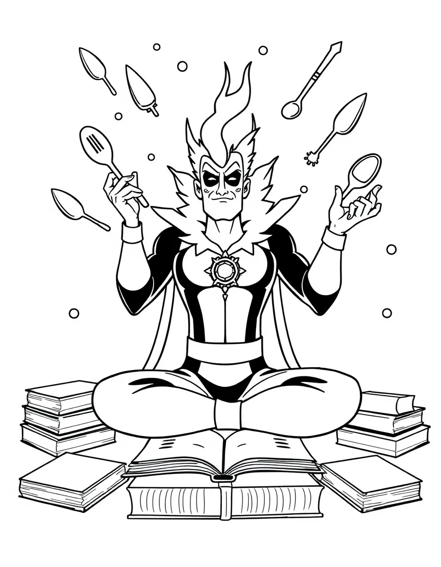 Alakazam meditating while levitating spoons and other objects with psychic powers, surrounded by books