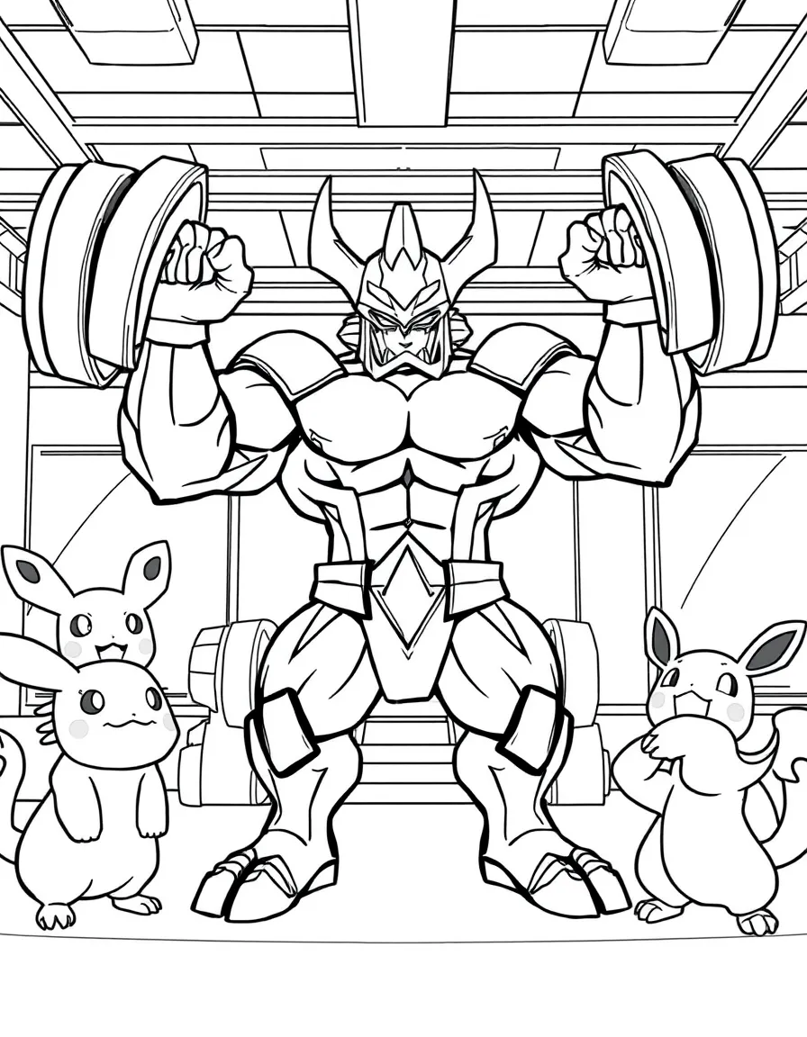 Machamp working out at a gym, lifting heavy weights with all four arms while other Pokémon watch