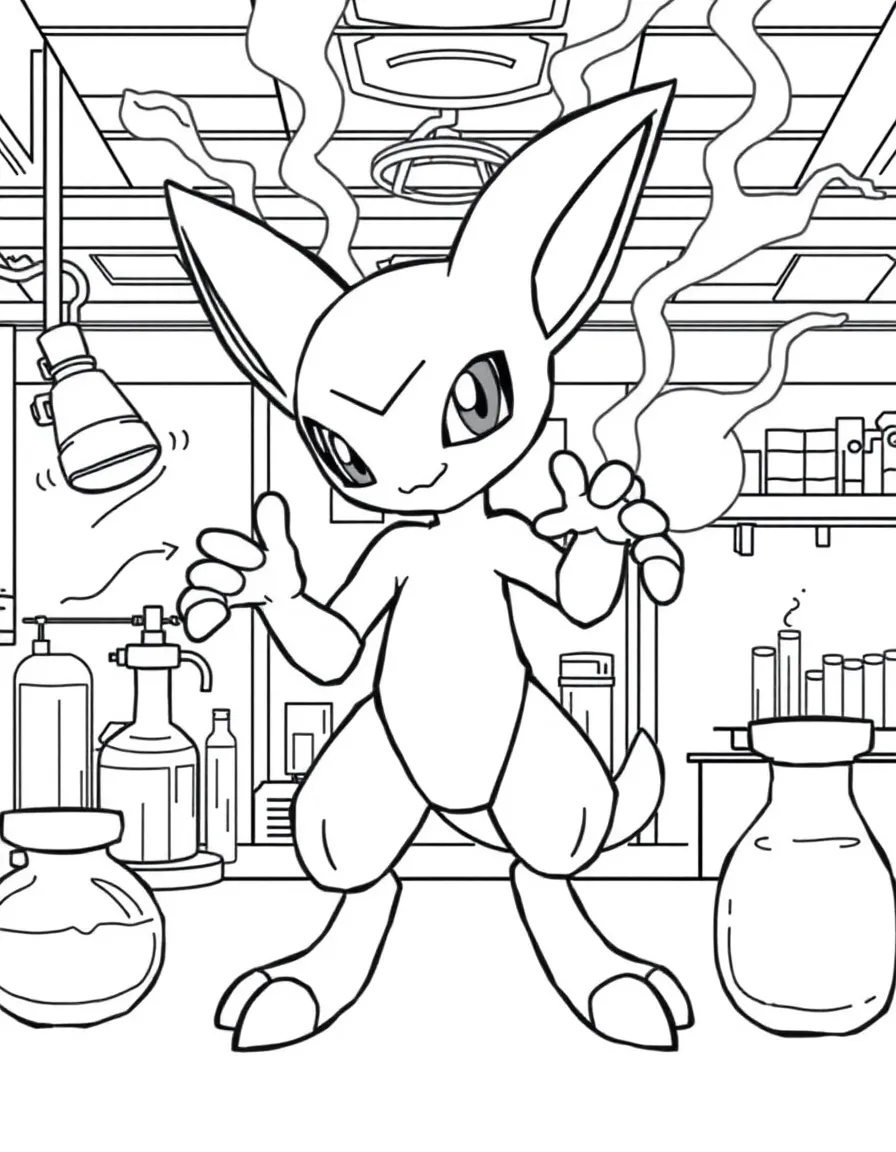 Mewtwo in a laboratory setting with scientific equipment and test tubes, using telekinetic powers