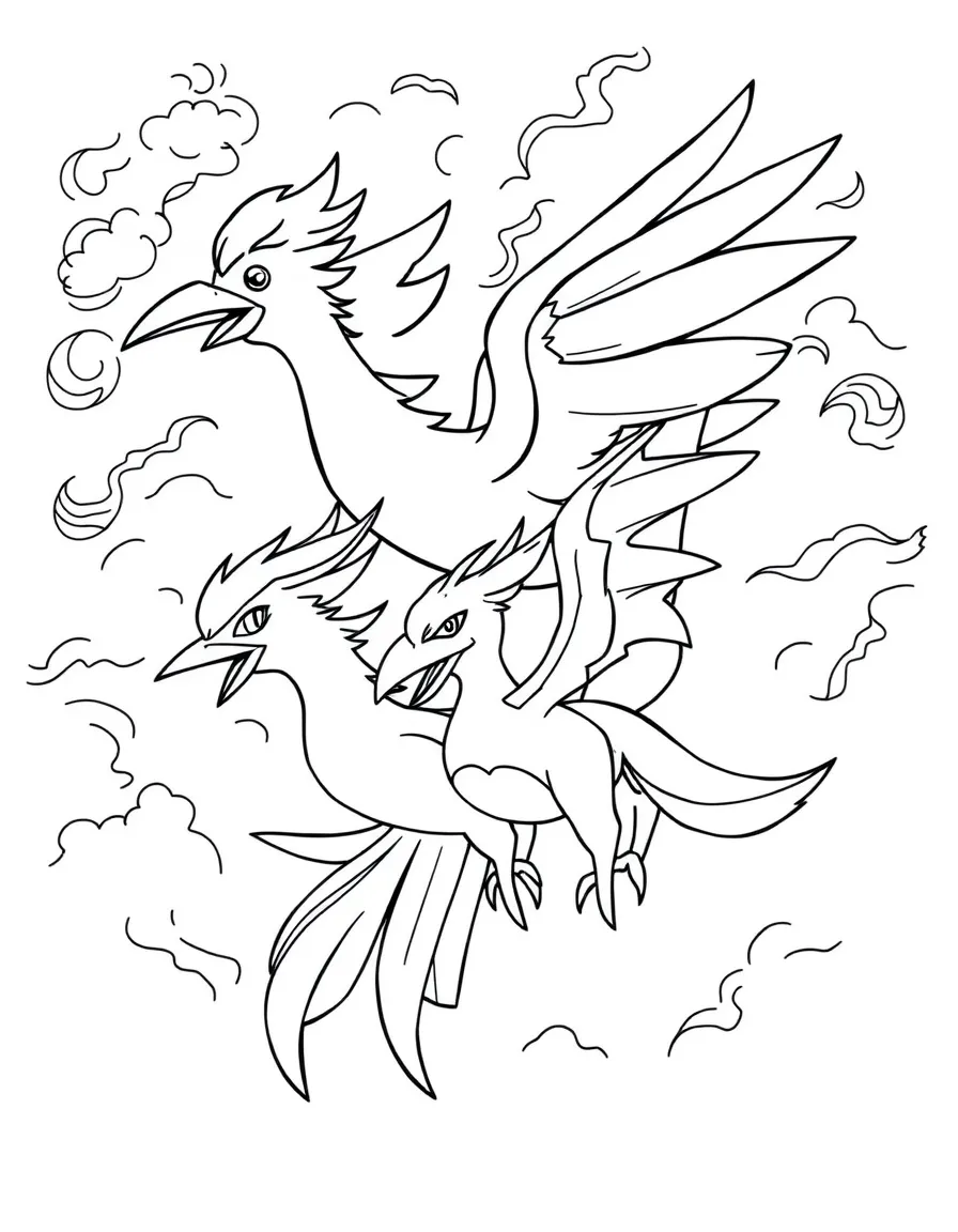 Articuno, Zapdos, and Moltres, the three legendary birds, flying together through different weather patterns
