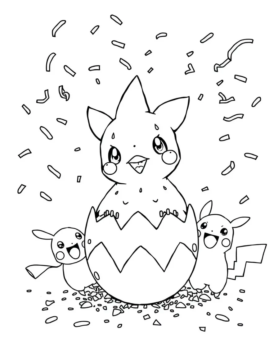 Togepi hatching from its egg with confetti and celebration, surrounded by happy Pokémon friends