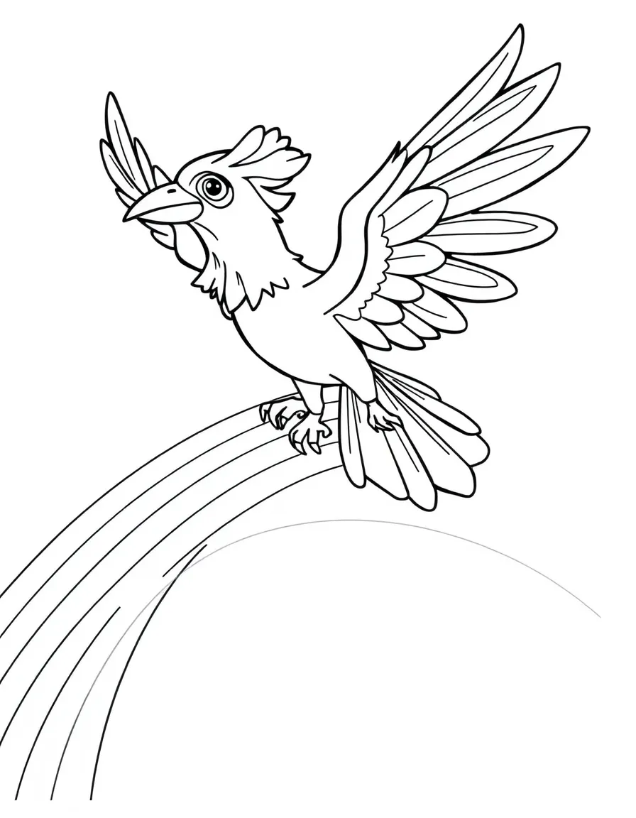Ho-Oh flying over a rainbow with its beautiful tail feathers spread wide, casting colorful shadows below