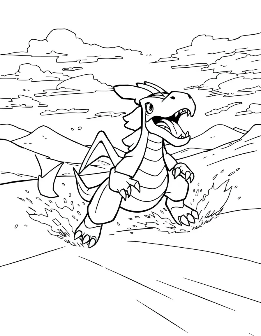 Garchomp racing through a desert landscape, creating sand clouds and leaving tracks in the dunes