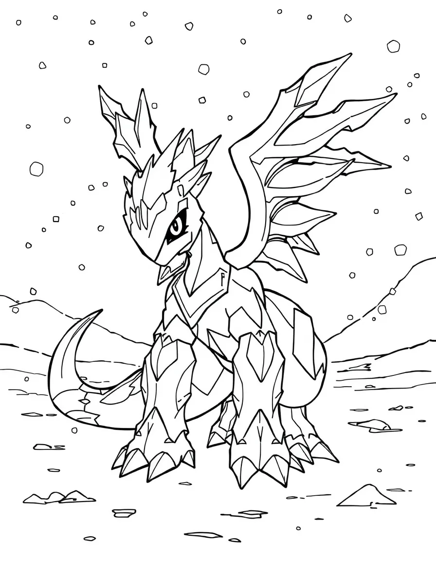 Kyurem in a frozen wasteland with ice crystals and blizzards, showing its incomplete and lonely nature