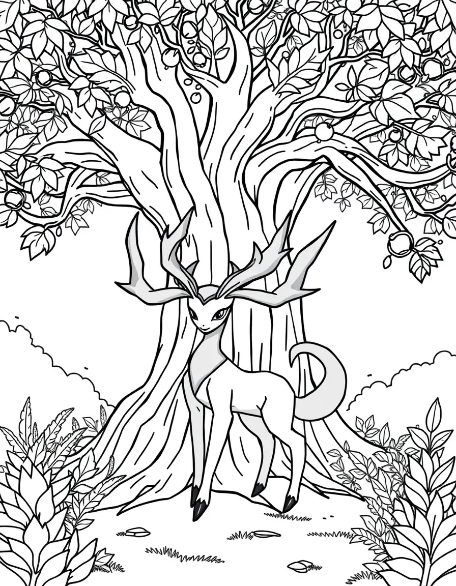 Xerneas in an eternal forest with the Tree of Life, granting life energy to plants and Pokémon