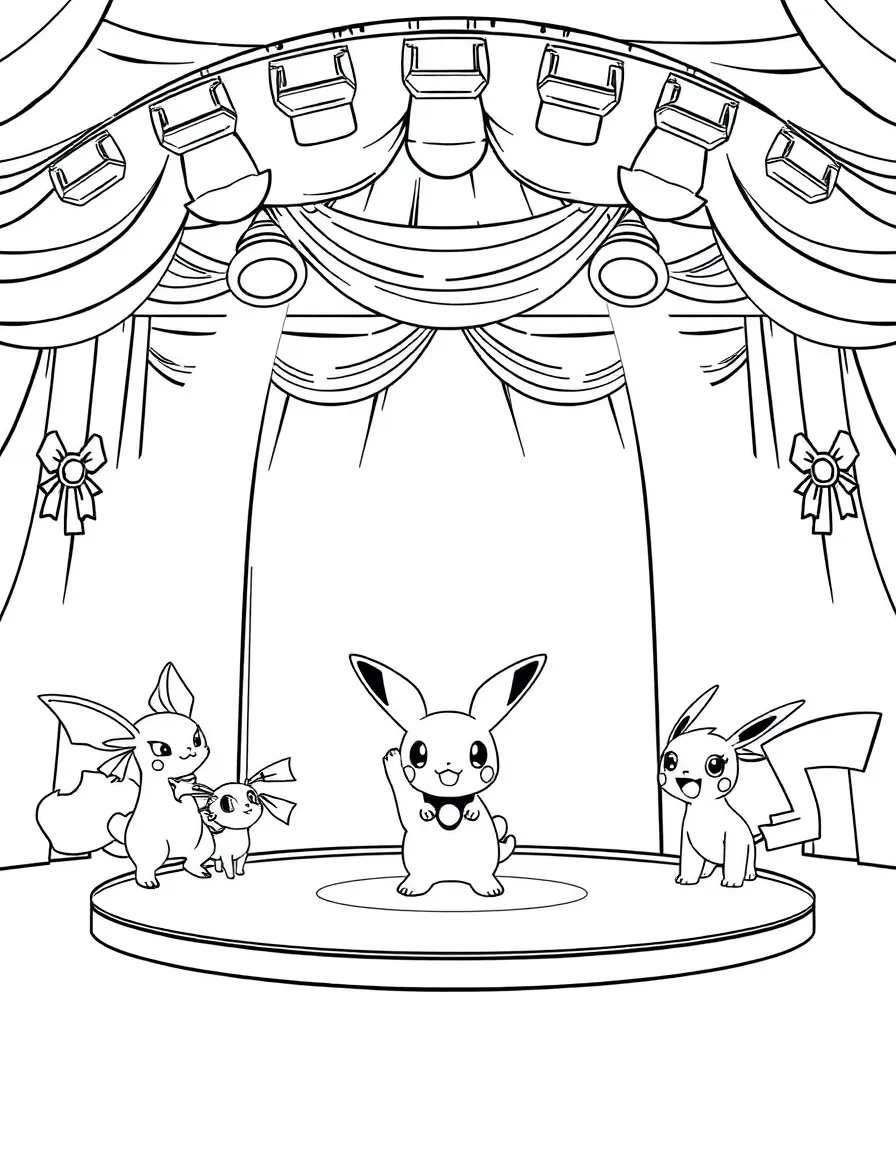 A Pokémon Contest with coordinators and their Pokémon performing on stage with ribbons and spotlights