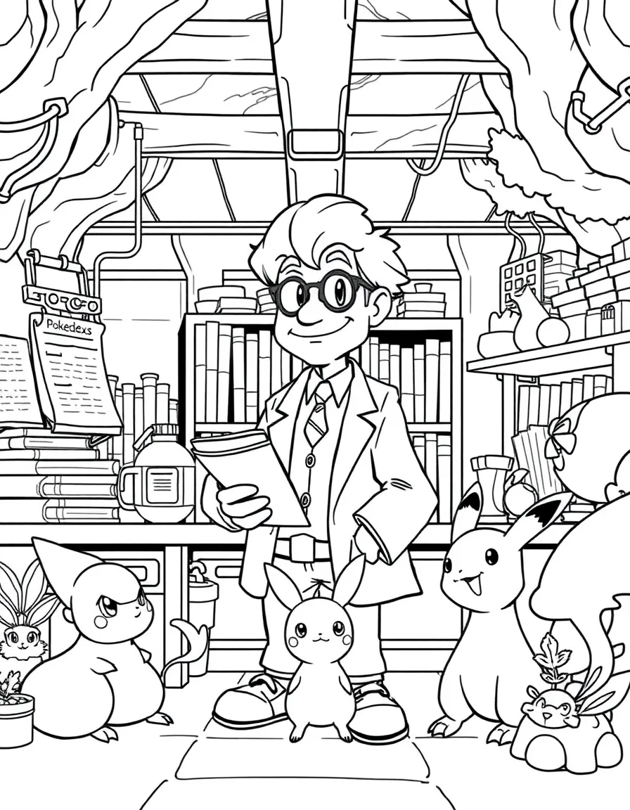 Professor Oak in his laboratory with Pokédexes, research equipment, and starter Pokémon in their habitats