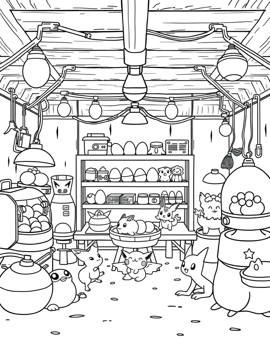 A Pokémon breeding center with eggs in incubators, baby Pokémon playing, and care equipment everywhere