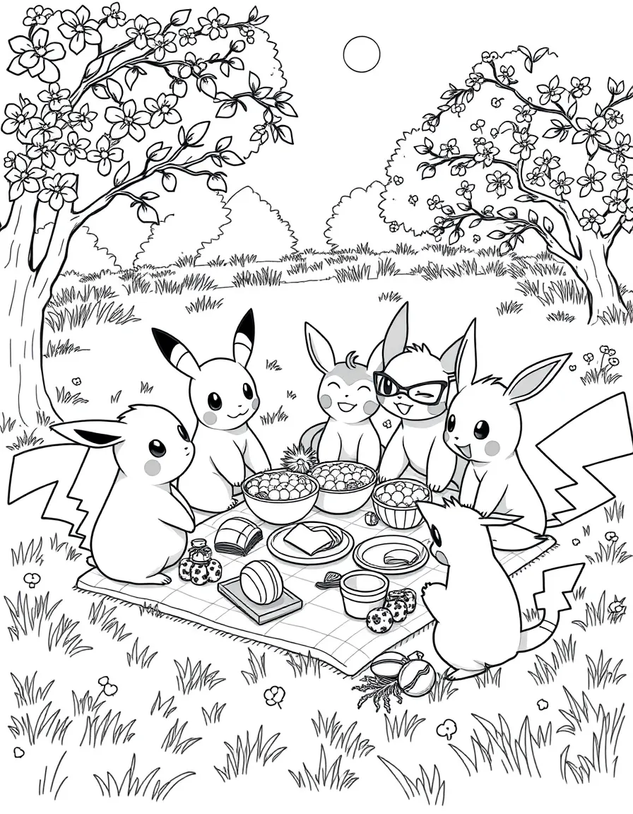 Multiple Pokémon having a picnic together in a meadow with berries, Pokémon food, and games scattered around