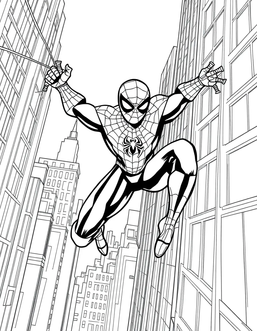 Spider-Man swinging between New York City skyscrapers with his web-shooters, leaving web trails behind him